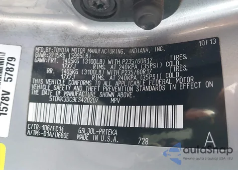 2014 Toyota Sienna Le V6 8 Passenger z USA, uszkodzony, nr VIN 5TDKK3DC9ES420207